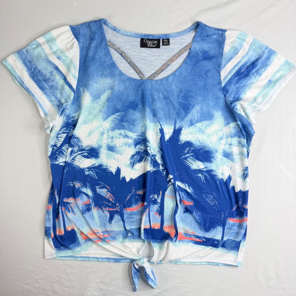 Onque Casual Womens PXL Blue Tropical Palm Tree Rhinestone Tie Front Top PXL